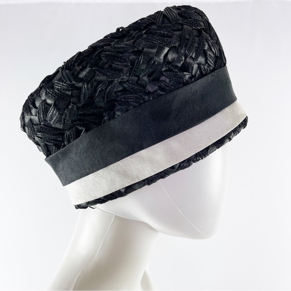 Vintage Mr. John Classic Black Woven Pillbox Style Hat with White Trim - Picture 5 of 8